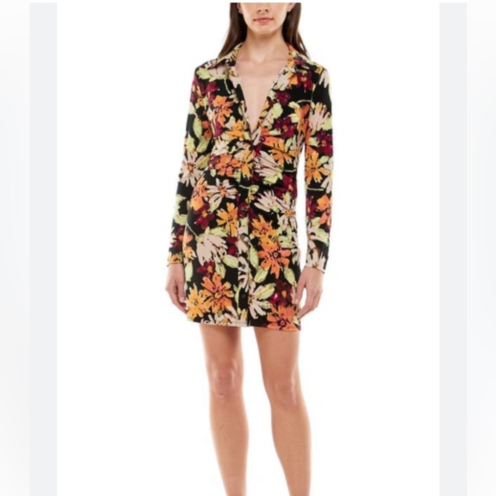 WAYF JENNIFER RUCHED LONG SLEEVE SHIRTDRESS
